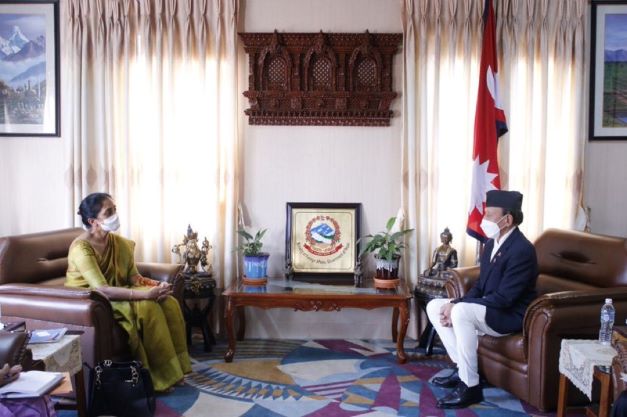 Foreign Minister Prof.  G.L. Peiris conveyed his best wishes to the newly appointed Foreign Minister of Nepal, Dr. Narayan Khadka